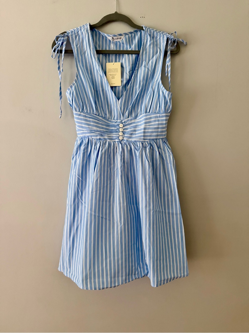 Cupshe Light Blue and White Striped V-Neck Tie-Shoulder Sundress
